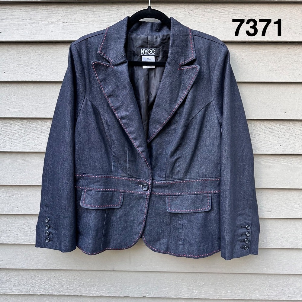 NYCC New York Clothing Co Denim Blazer Dark Wash Pink Stitching 16W